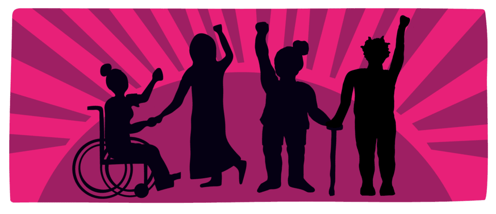 Illustration of a diverse group of women and girls' silhouette against magenta sun-like rays.
