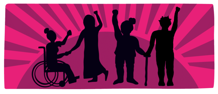 Illustration of a diverse group of women and girls' silhouette against magenta sun-like rays.